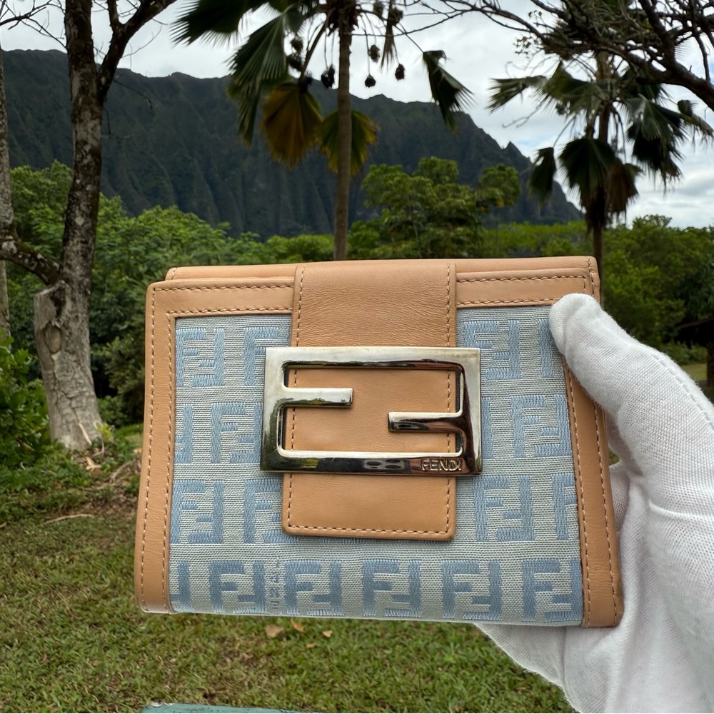 Fendi Wallet Zucchino Canvas Leather Bi-Fold Compact Authentic